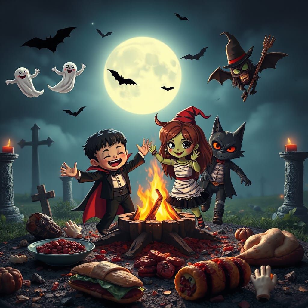 Chibi Halloween Characters Dance in Graveyard Bonfire