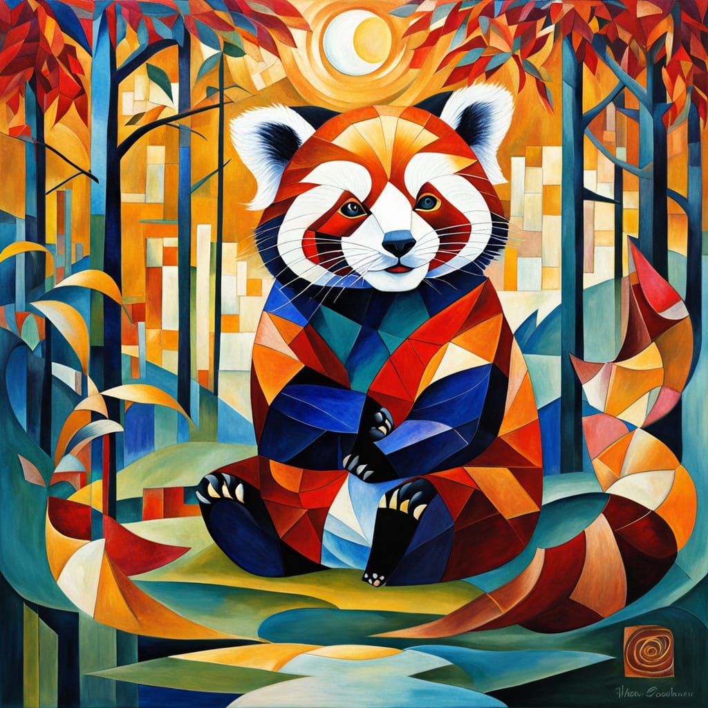 Cubist Red Panda in Vibrant Midnight Garden