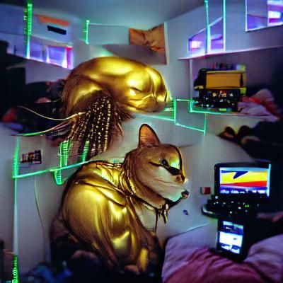 Golden Cyberpunk Cat in 90s Bedroom