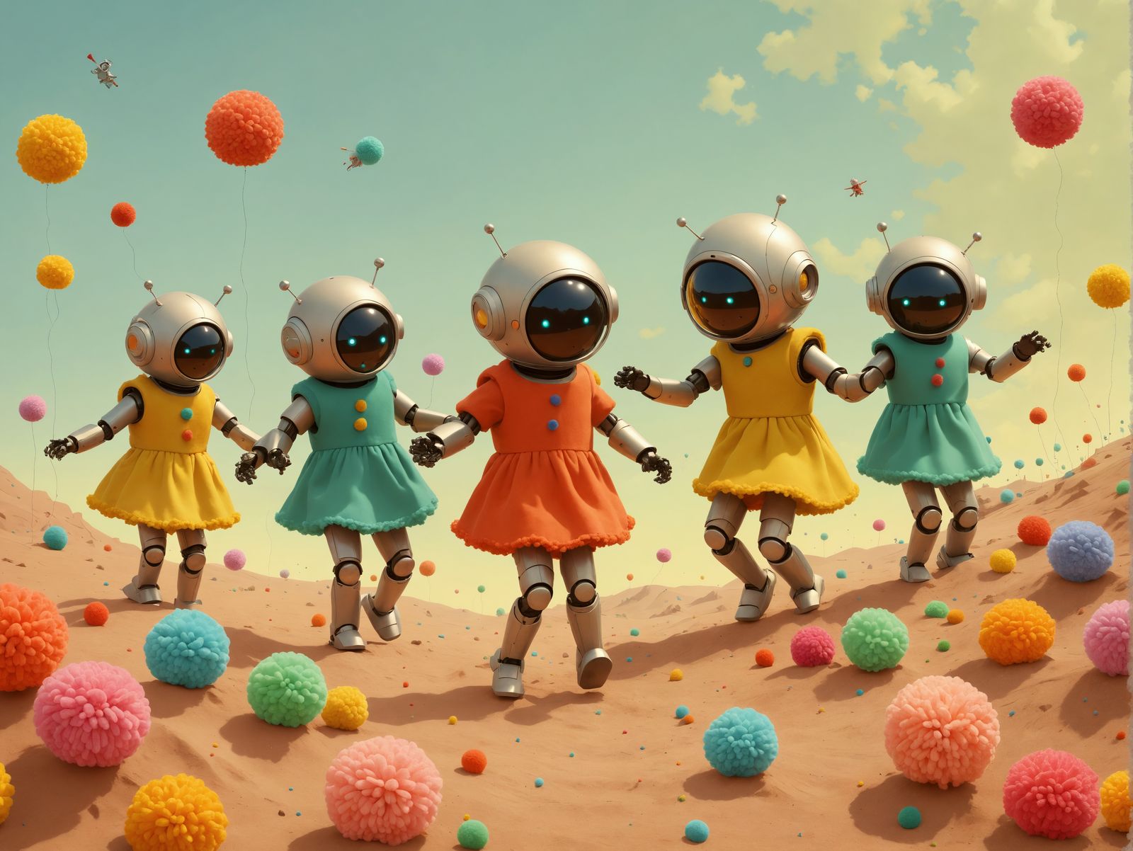 Robots Dancing in Pom Pom Landscape as Impressionistic Art