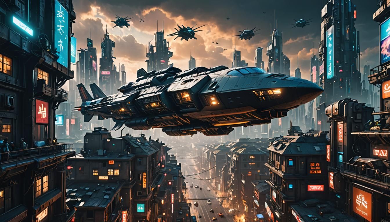 Cyberpunk City Sky Battle with Flying Ship