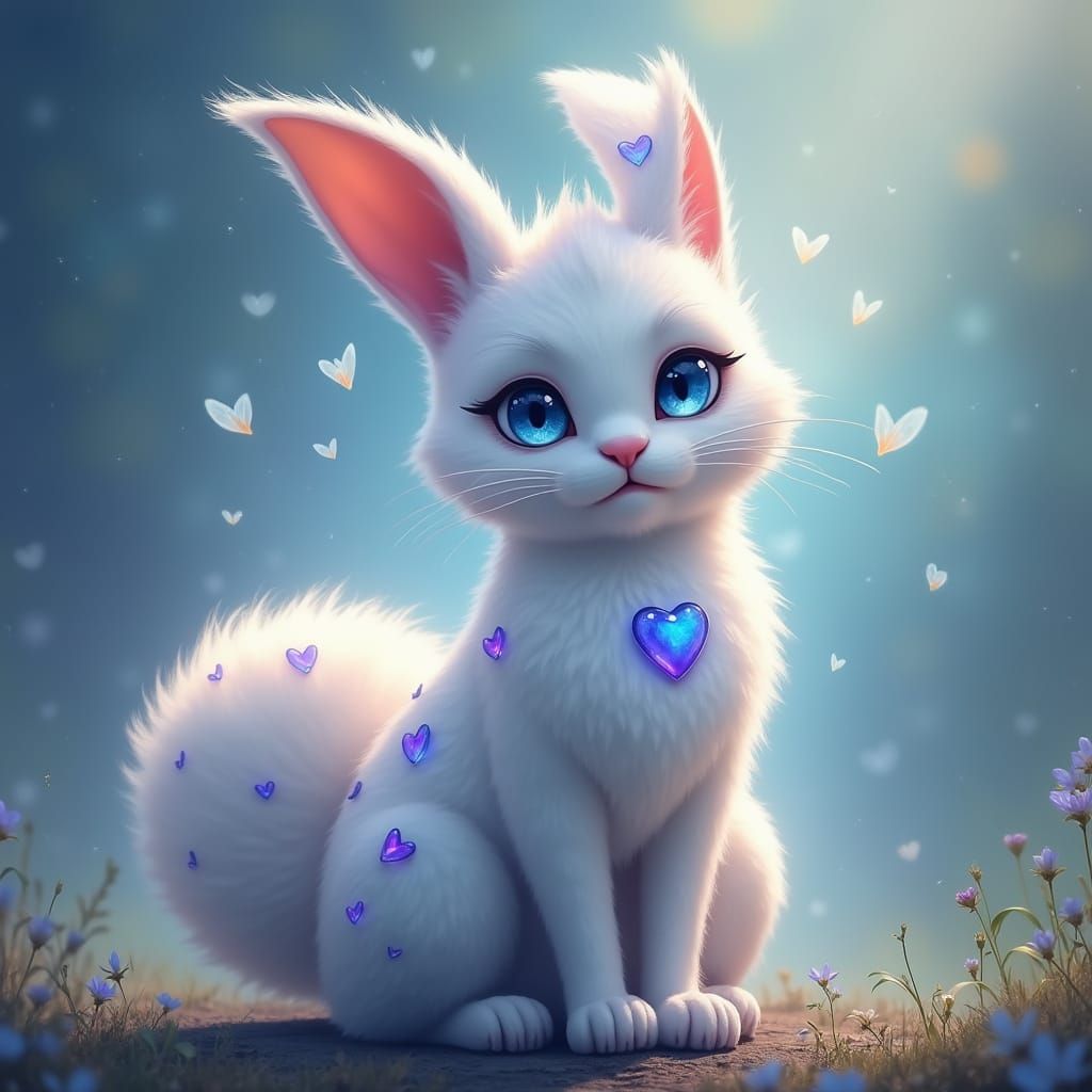 Fantasy Creature Thalyn: Cat-Bunny Hybrid with Ethereal Hear...