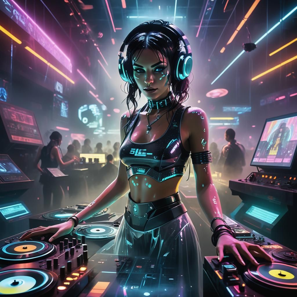 Cyberpunk Girl DJ in Futuristic Nightclub