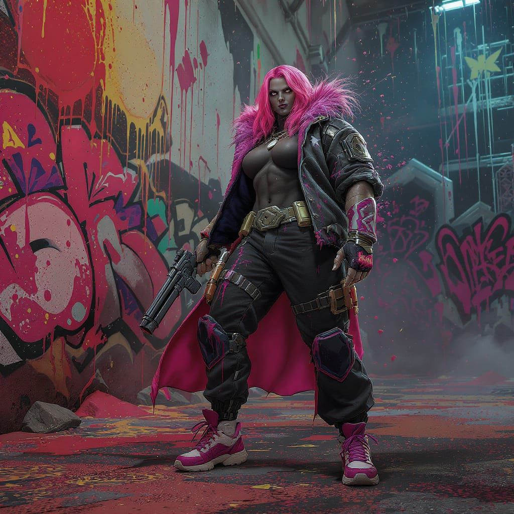 Wrestler Posing in Graffiti Arena, Oil Gouache Acrylic Style