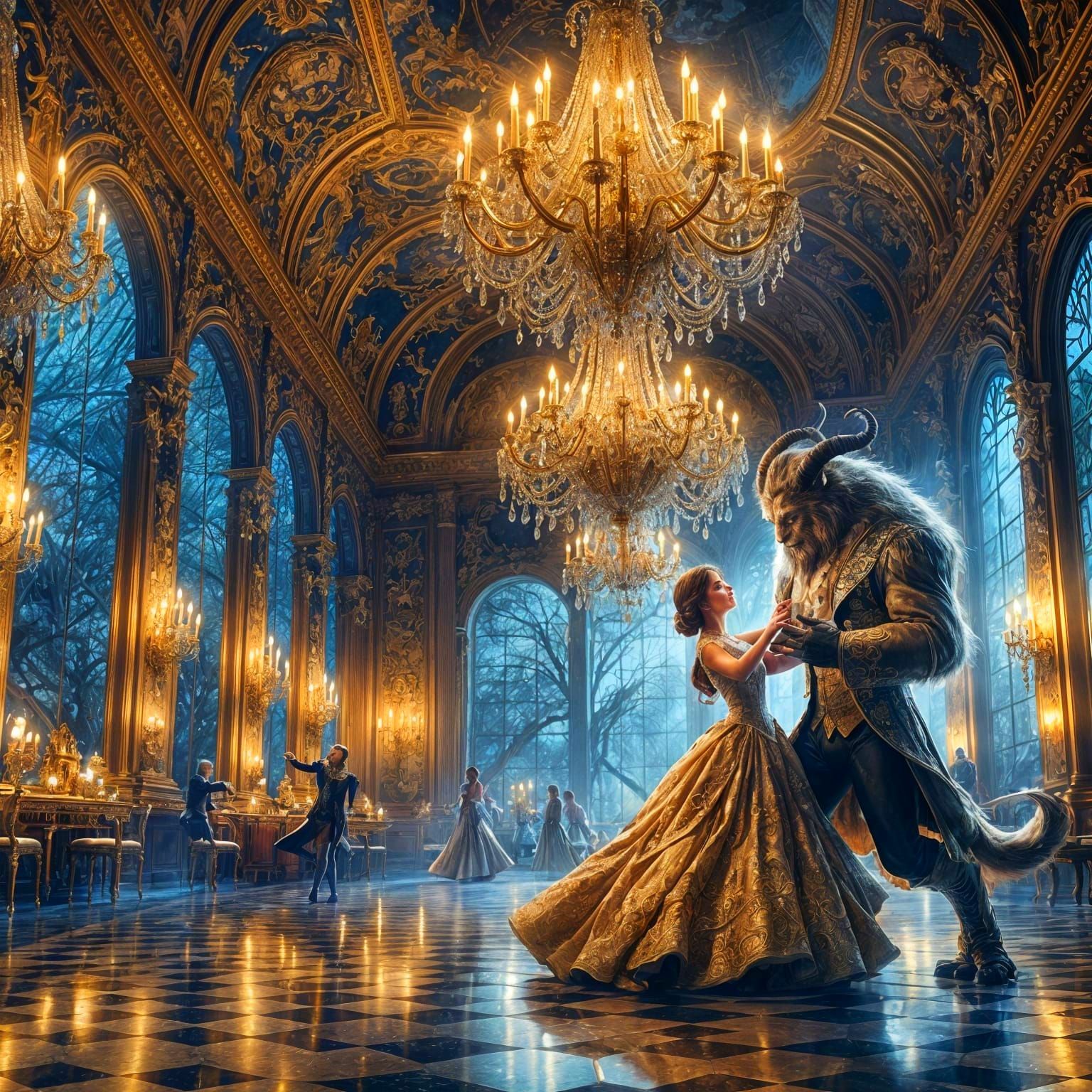 A Lady and a Majestic Creature Dance in an Enchanting Ballro...