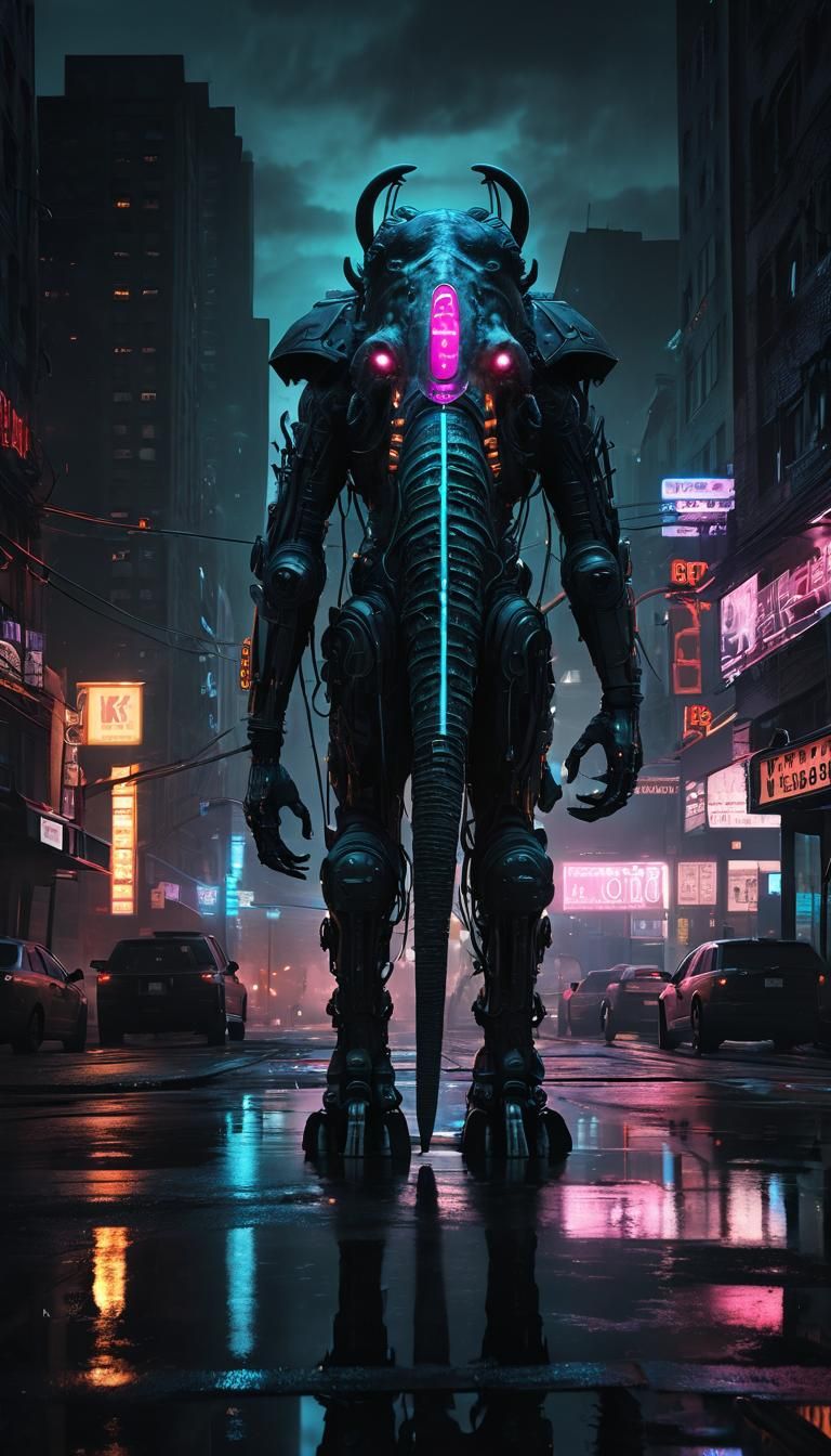 Cyborg Mastodon Amidst Neon City Ruins in Dark Surrealism