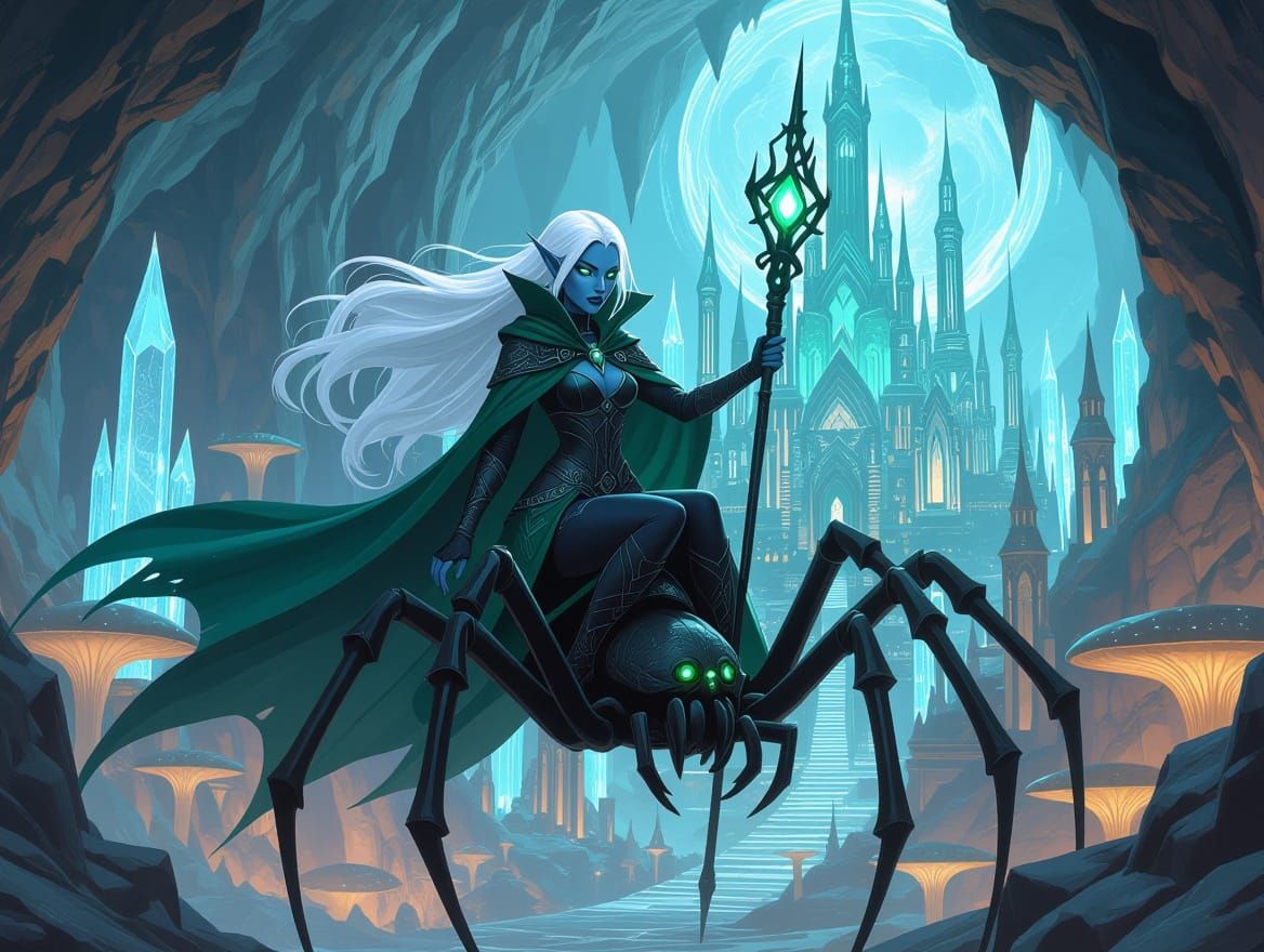 Mystic Dark Elf Mage Rides Giant Spider in Drow City