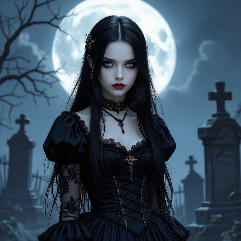 Gothic Girl in Black Dress in Moonlit Graveyard