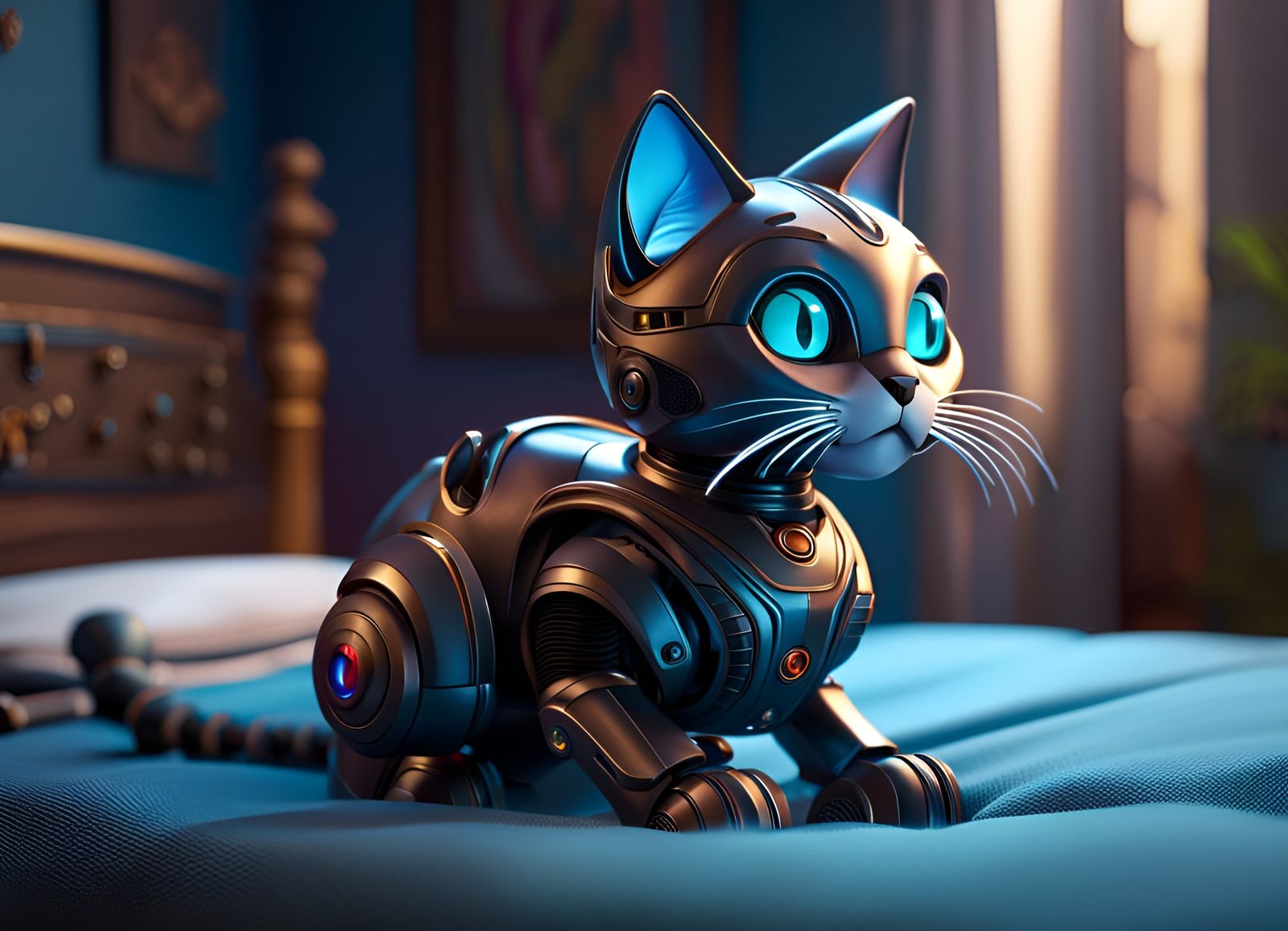 Robot Cat on Bed: Detailed Matte Painting