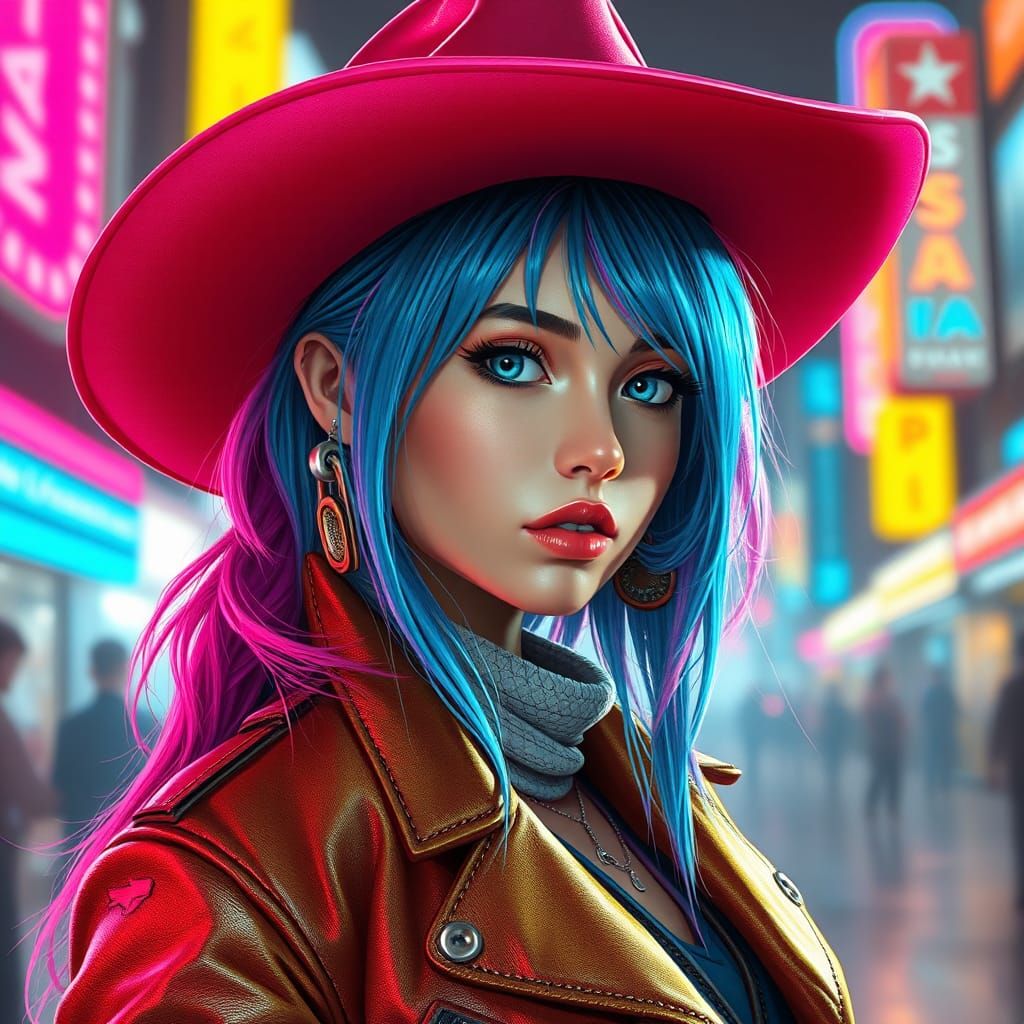 Futuristic Cyberpunk Cowgirl in Neon Cityscape