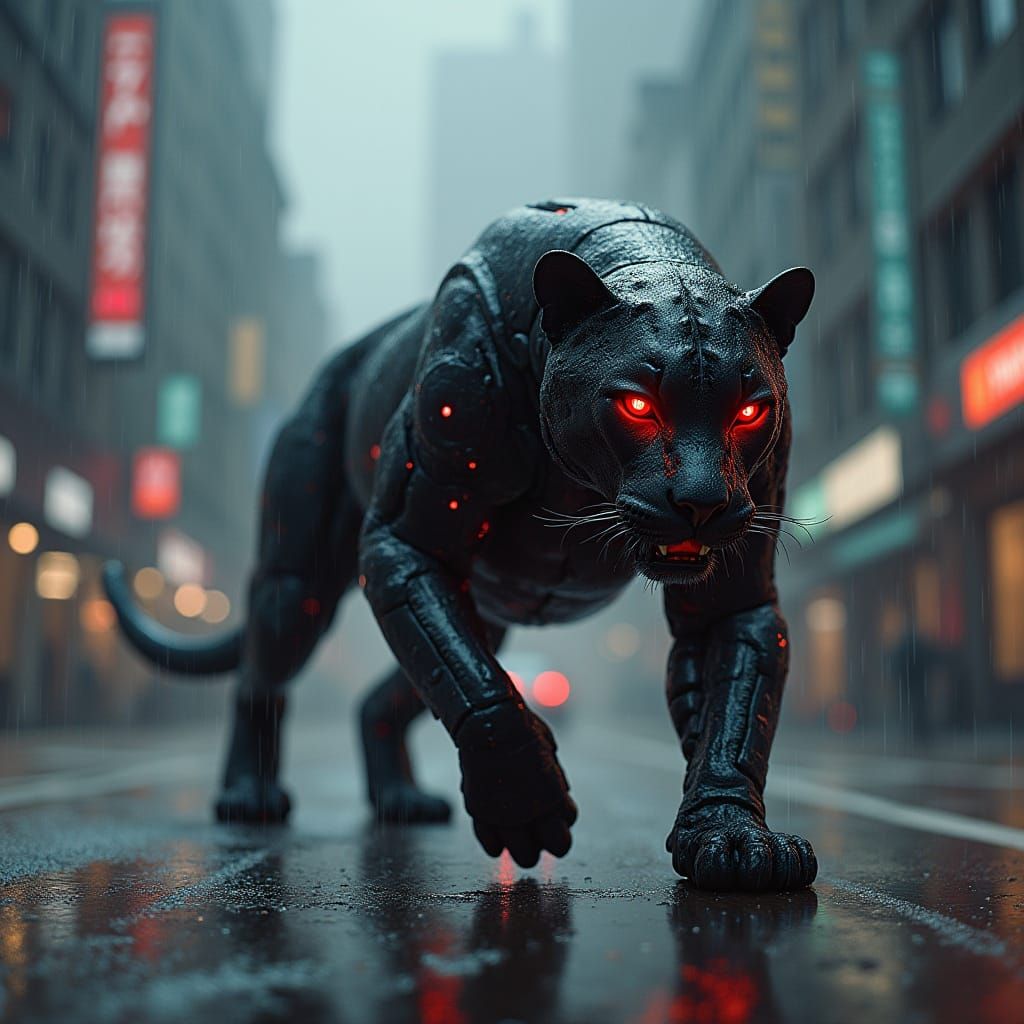 Biomechanical Jaguar in Dystopian Cityscape