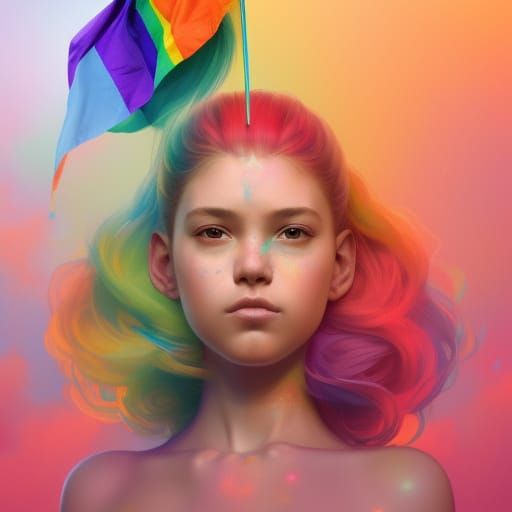 Girl with Rainbow Flag, Hyperdetailed Portrait