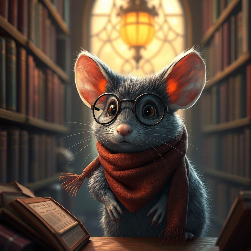 Mouse Portrait in Cozy Library, Fantasy Realism