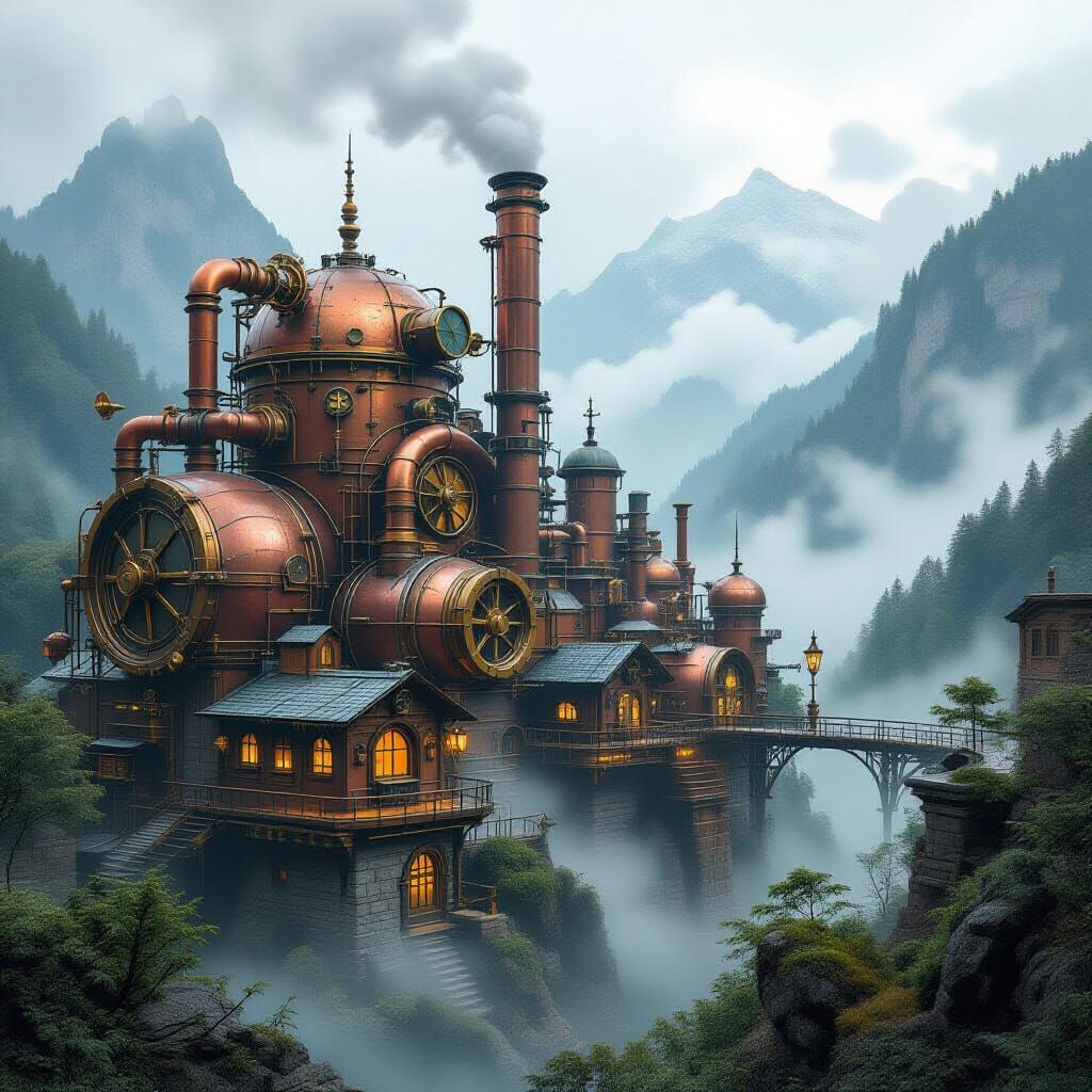 Steampunk Village in Misty Mountains