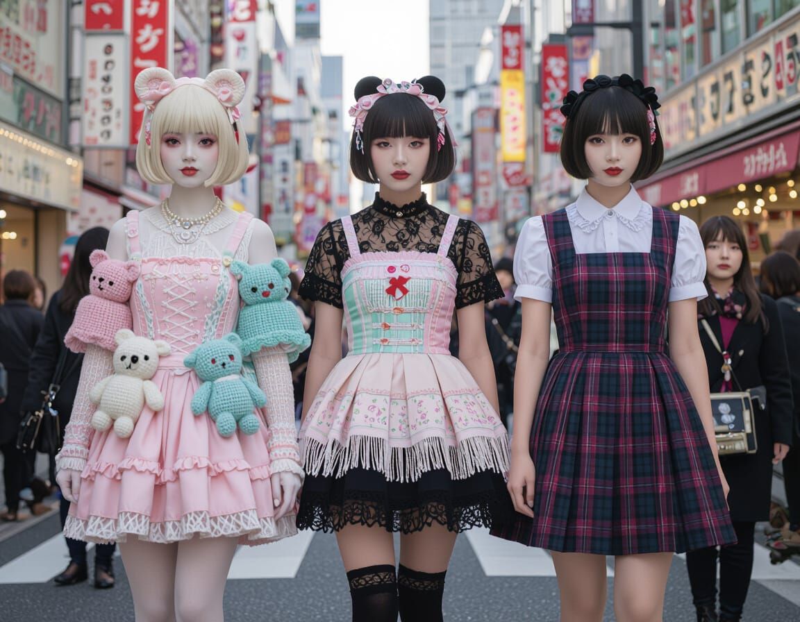 Doll-Like Women in Bustling Tokyo Streets