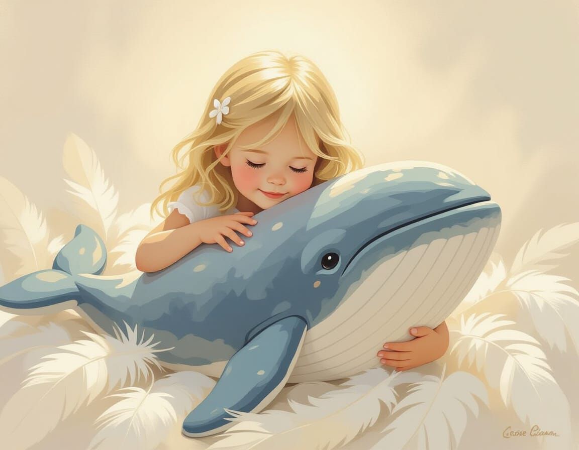 Girl with Whale Plush in Impressionist Style