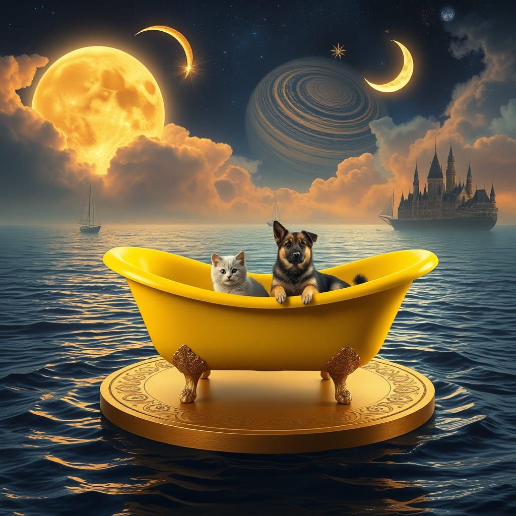 Dreamlike Scene of Whimsical Pets in a Golden Bathtub Amidst...