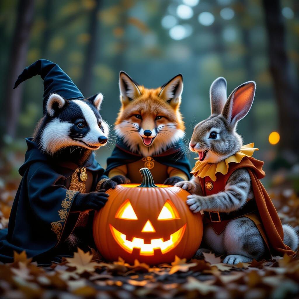Woodland Creatures in Whimsical Halloween Costumes Laughing