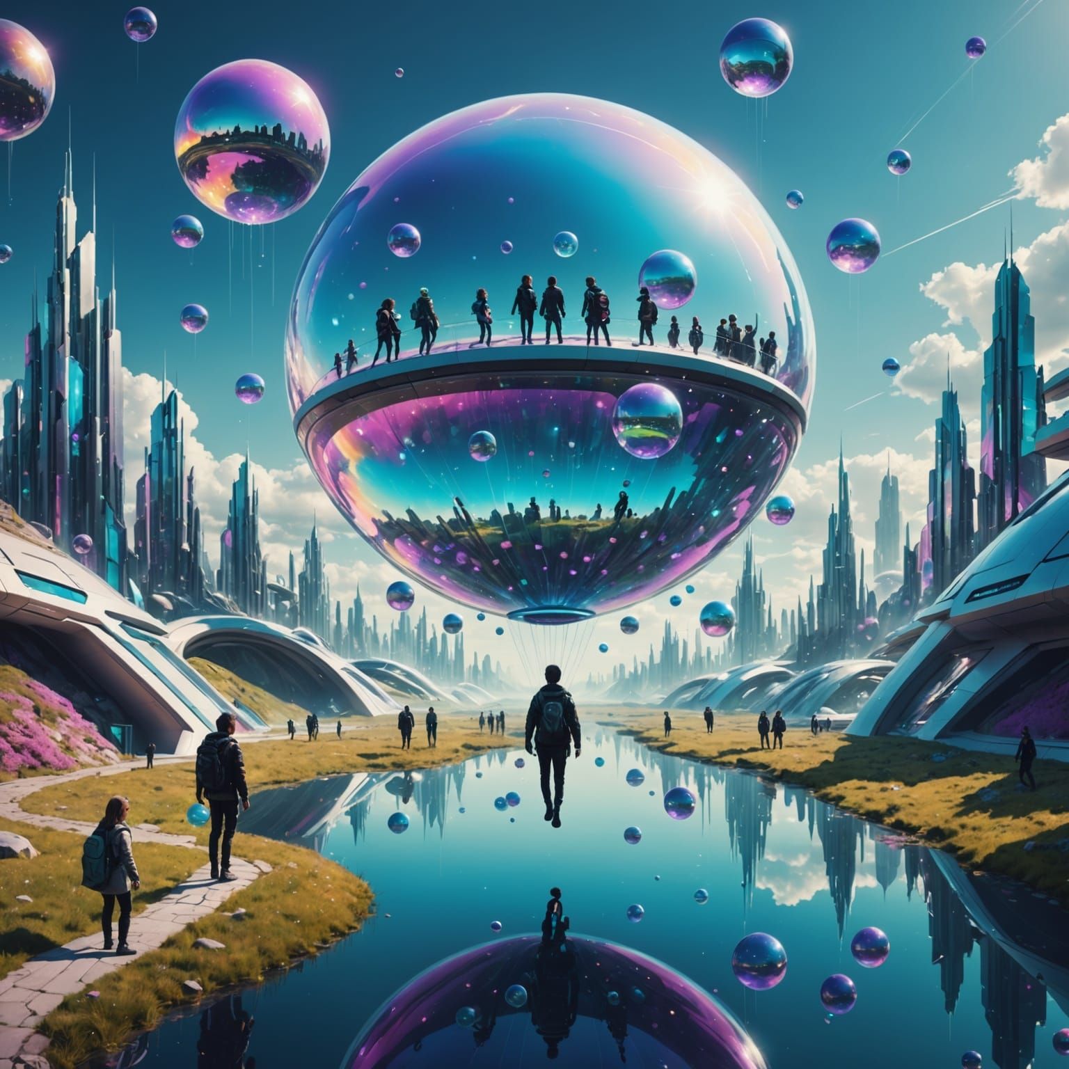 Iridescent Soap Bubbles Transport Humans in Futuristic Lands...