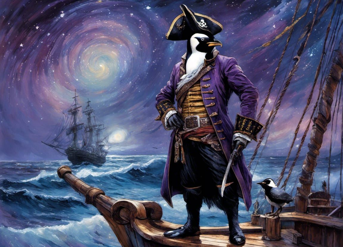 Penguin Pirate Captain on a Swirling Starry Night