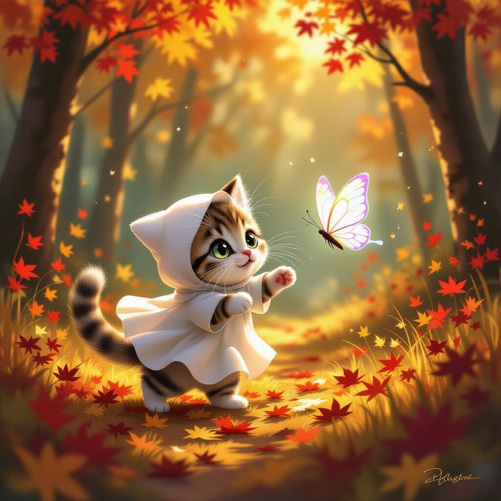 Ghost Kitten Chases Spectral Butterfly in Enchanted Forest