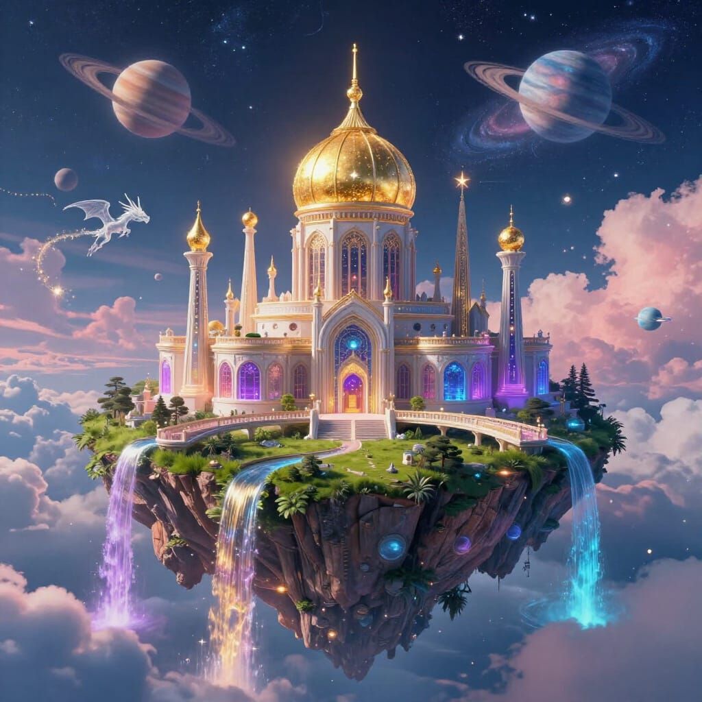 Magical Sky City with Golden Dome and Cosmic Background