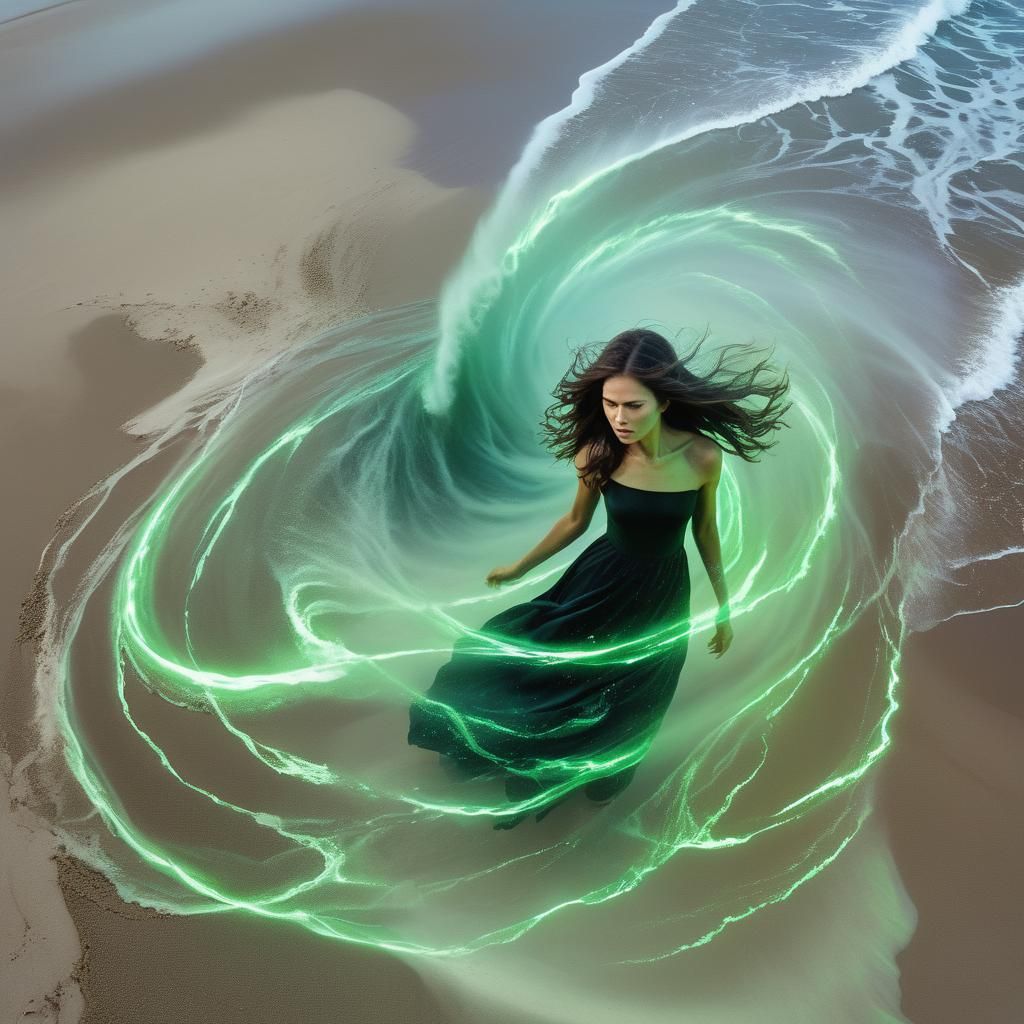 Double Exposure of Woman and Tidal Wave