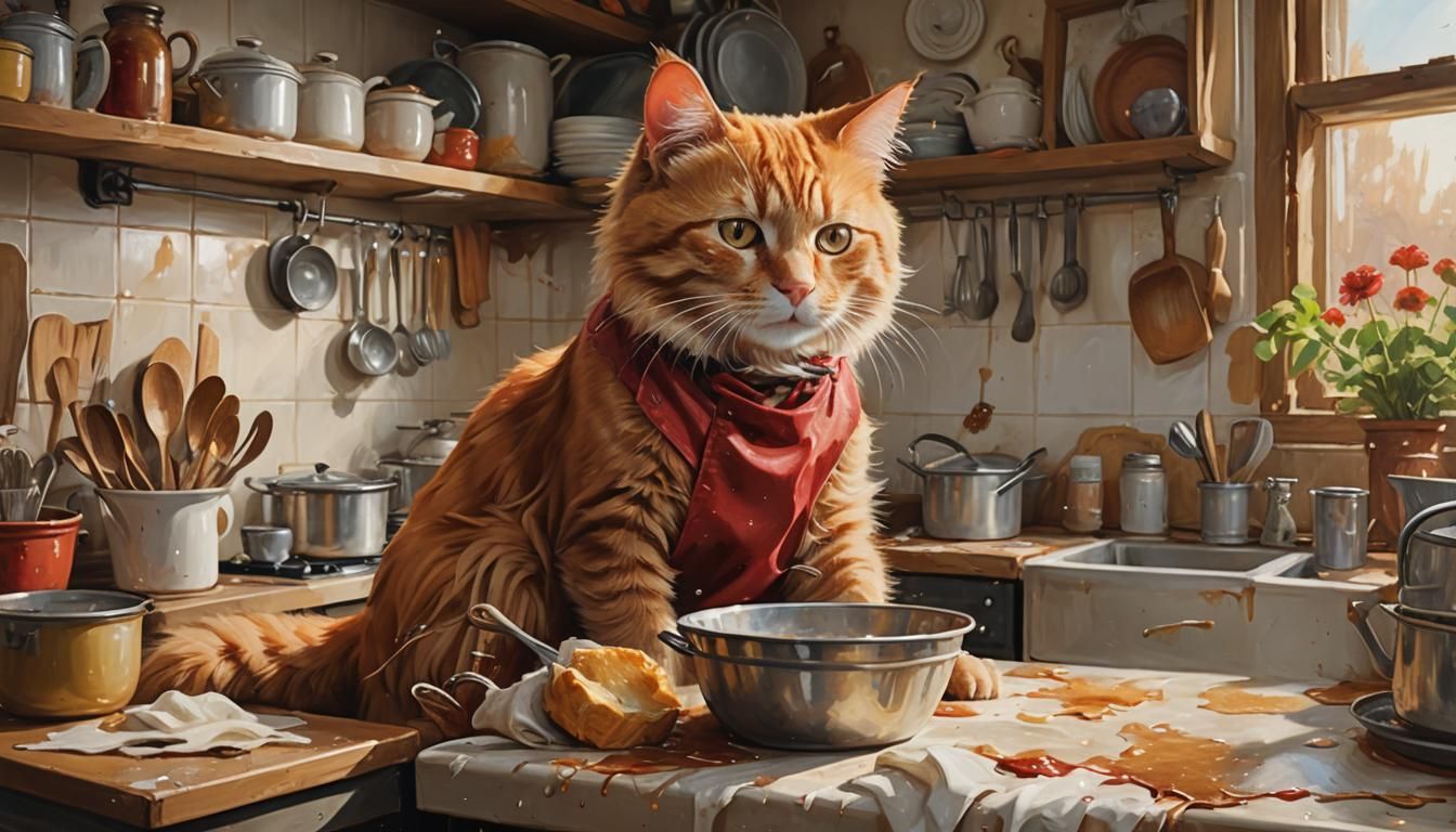 Red Cat Washing Dishes: Whimsical Realism