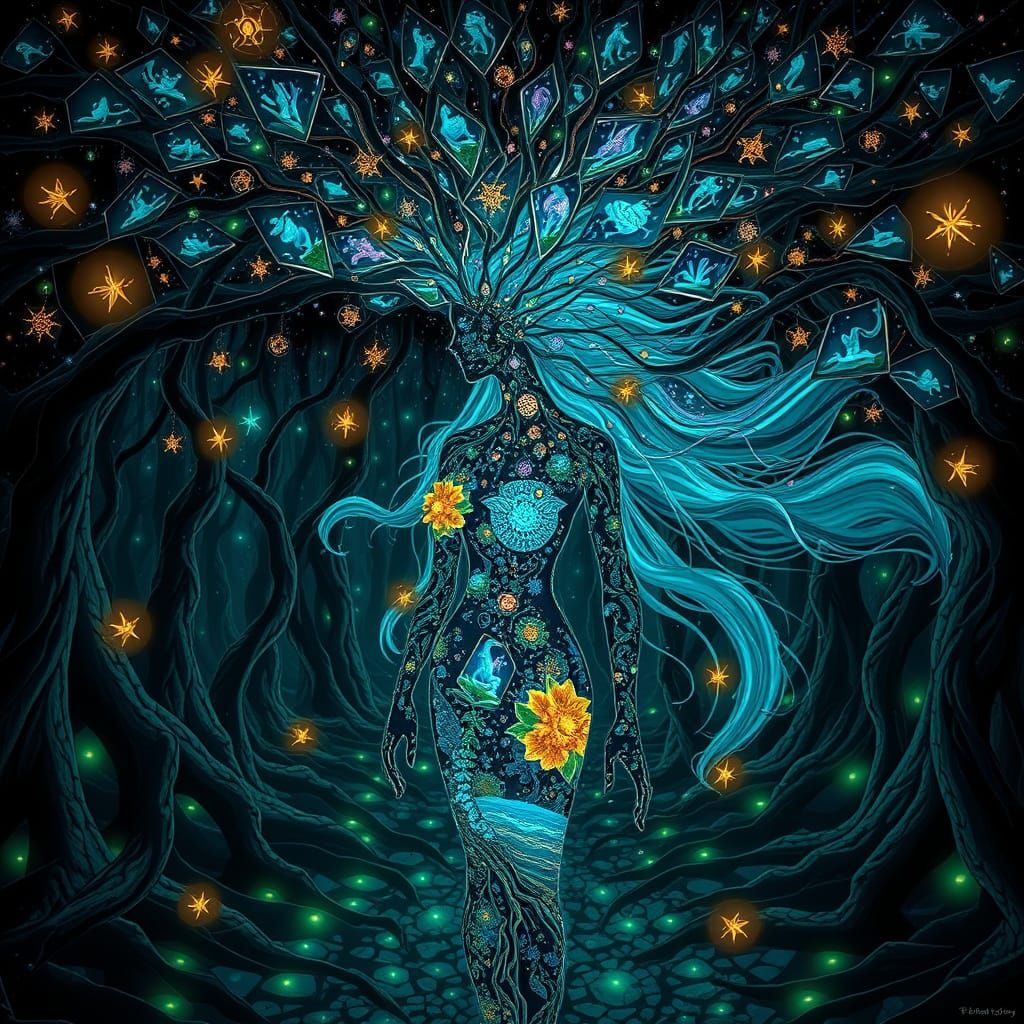Bioluminescent Forest with Mirrored Roots and Glowing Woman