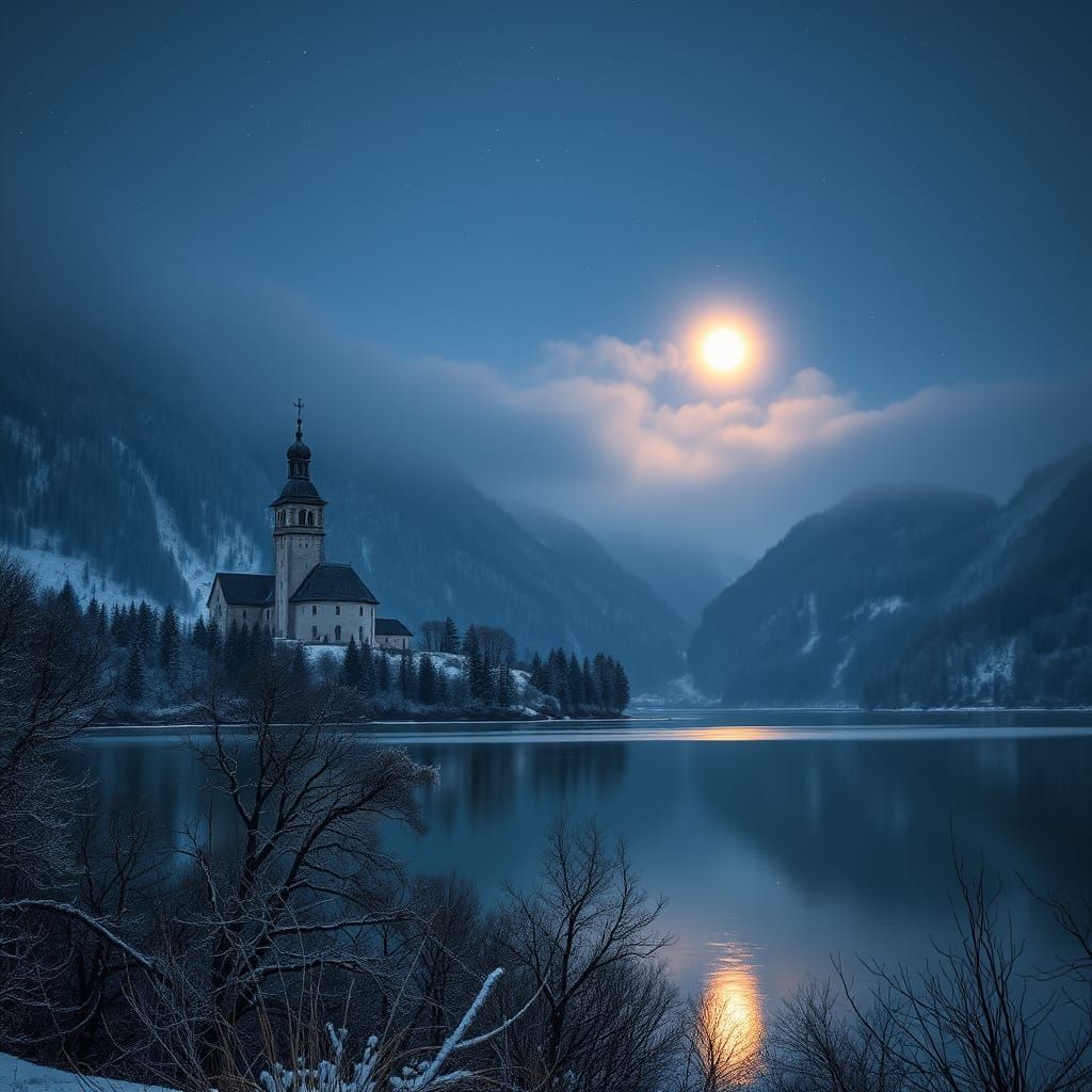 Mountainous Landscape at Sunset with Baroque Church and Sere...