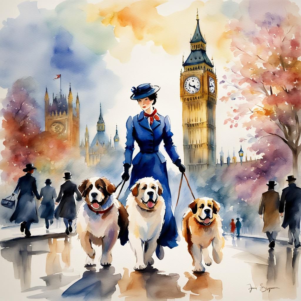 Mary Poppins Walks Near Big Ben: Watercolor Portrait