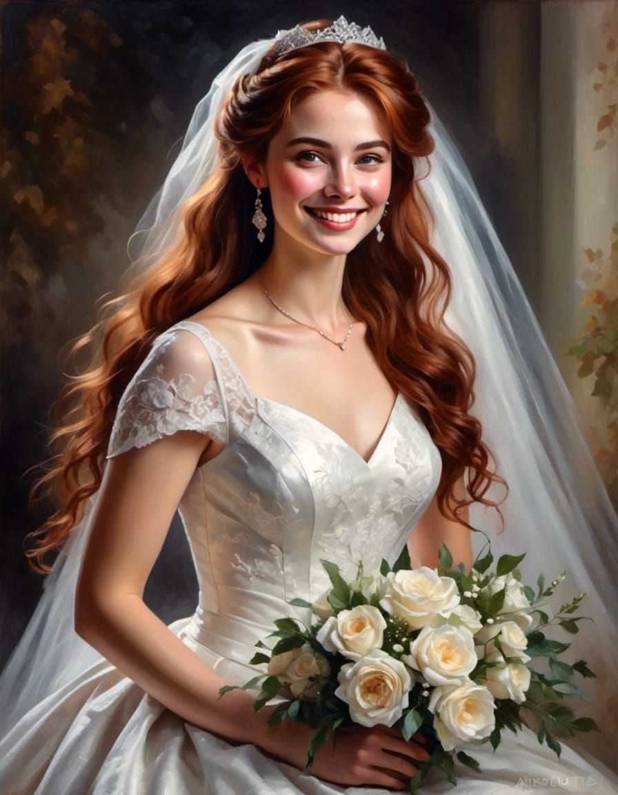 Joyful Auburn-Haired Woman in Wedding Dress Portrait