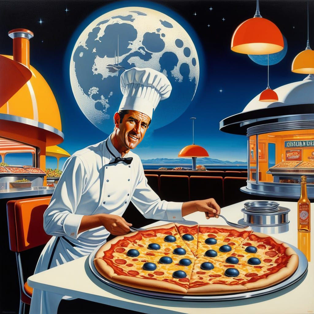 Space Chef Savoring Lunar Pizza in Retro-Futuristic Moon Bis...