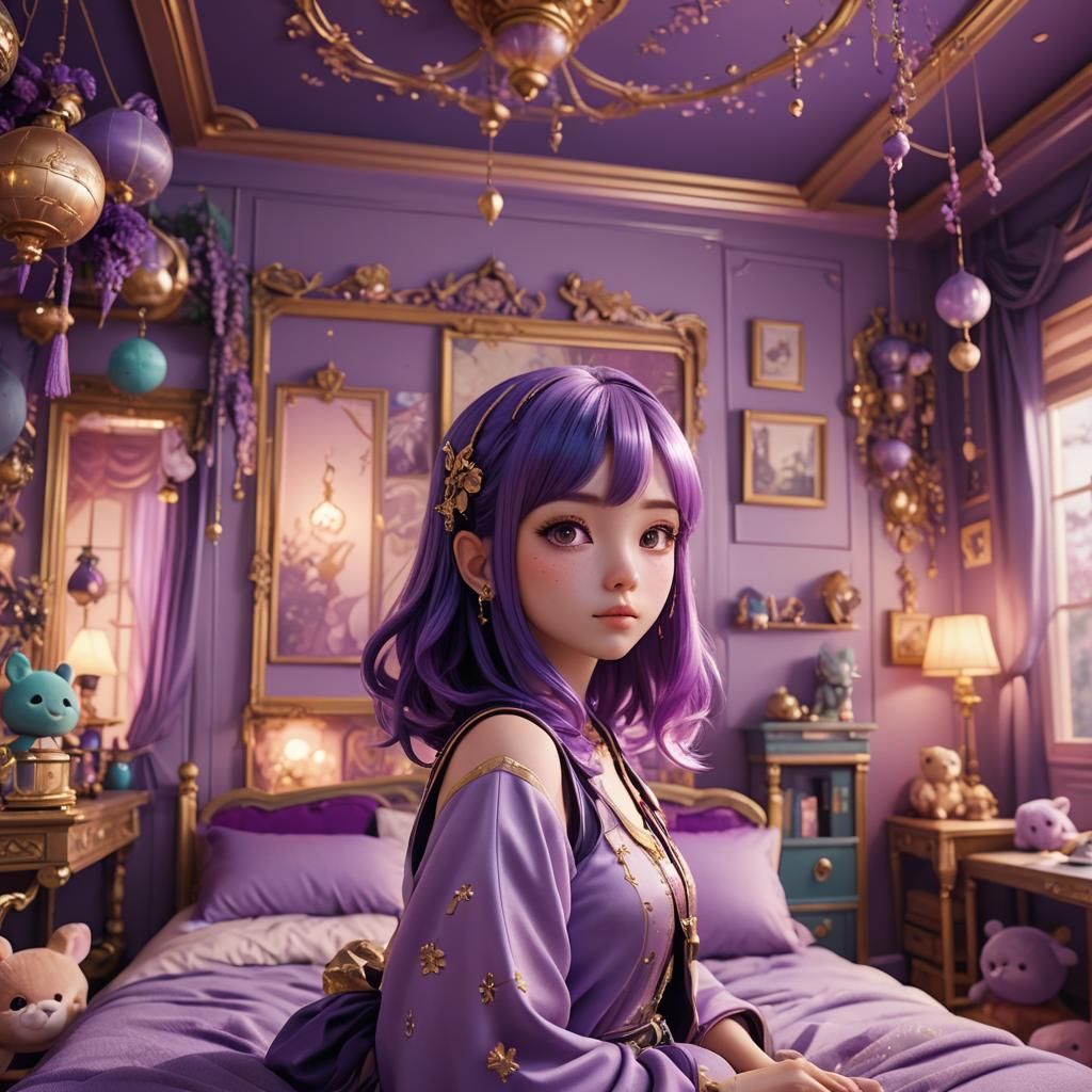Kawaii Anime Girl in Purple Bedroom: Artstation Style