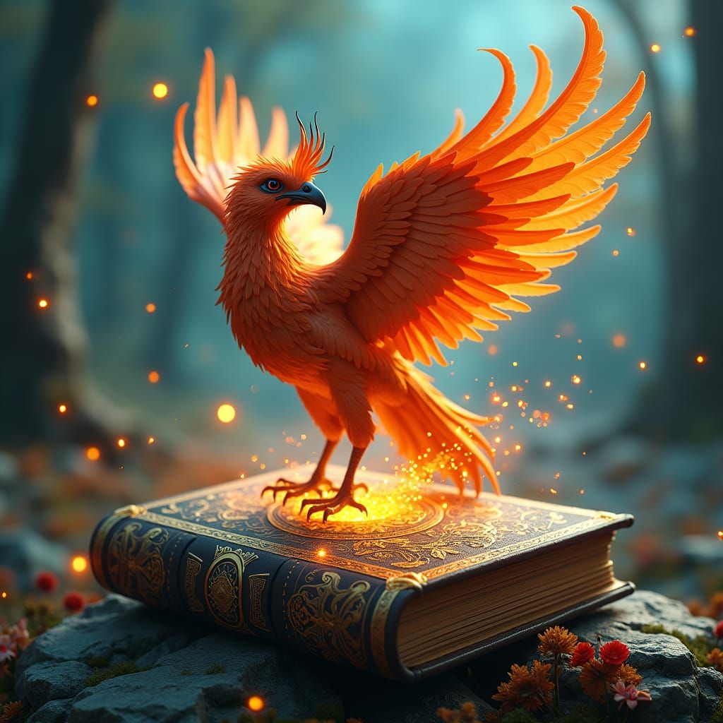 Phoenix on Spell Book in Fantasy Landscape