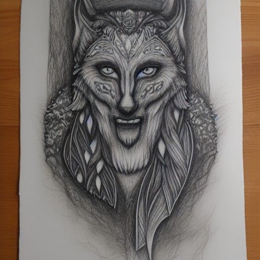 Druid Elf in Forest with Wolf Charcoal Drawing
