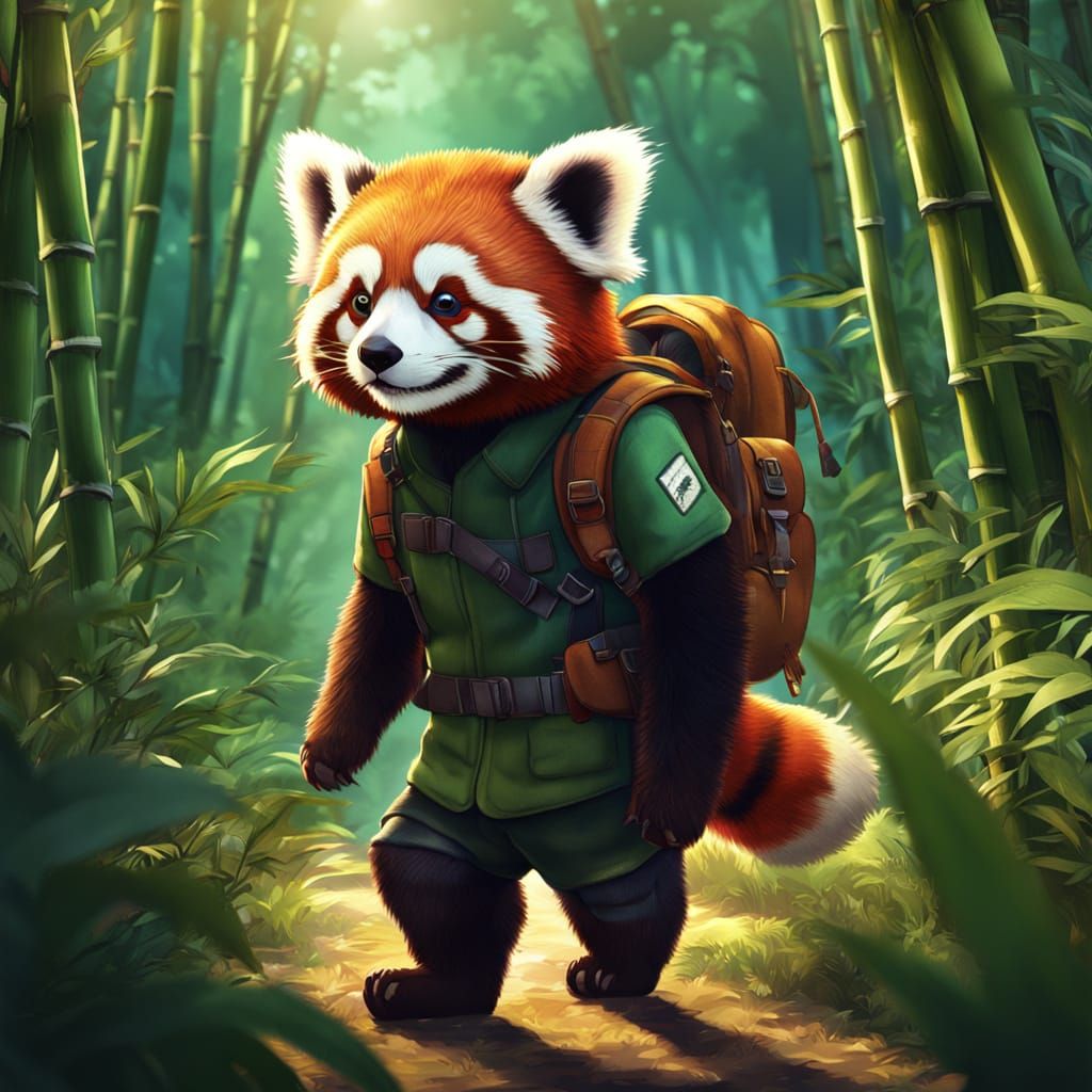 Red Panda Explorer in Bamboo Jungle | 70s Illustration Style