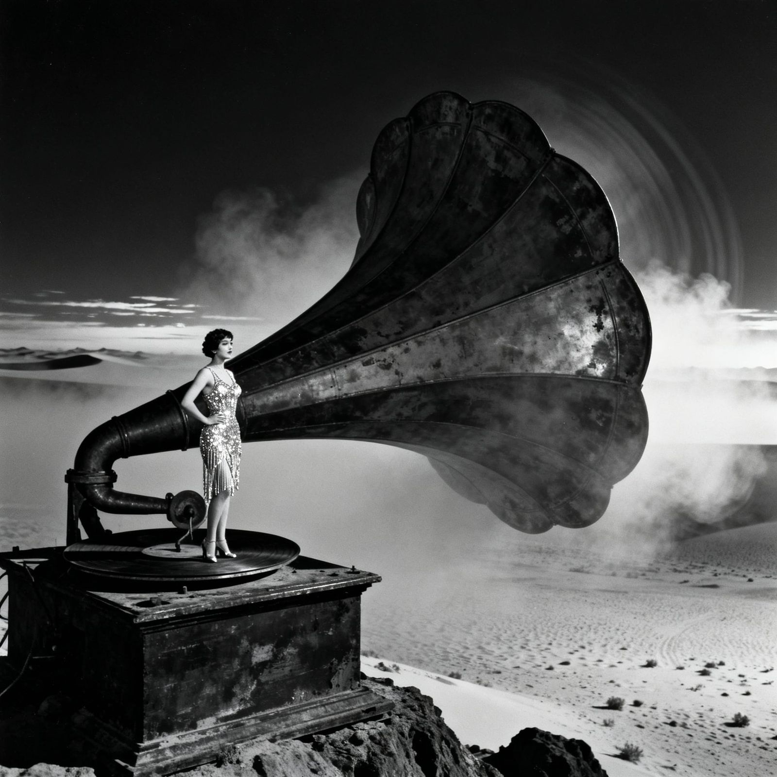 Showgirl on Gramophone Horn Overlooking Desert Twilight