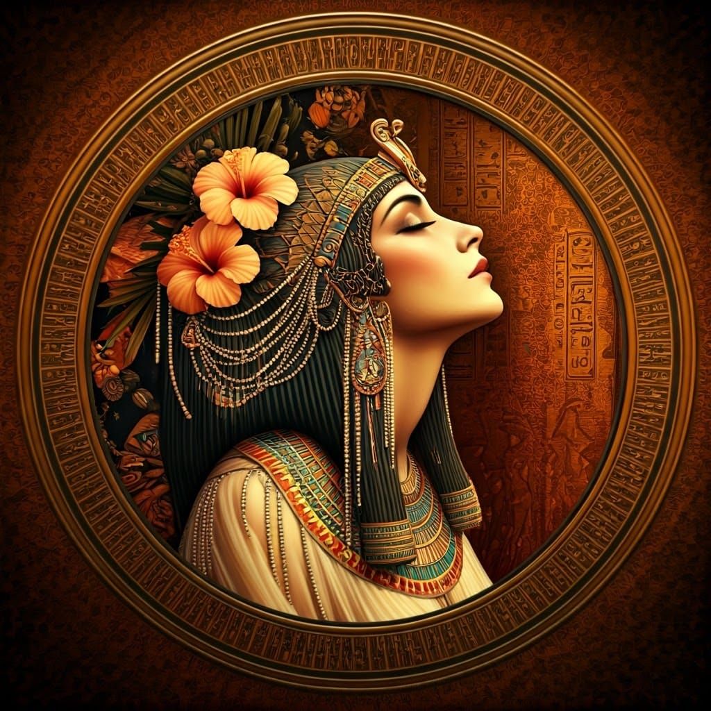 Art Deco Woman with Hibiscus Flowers in Dreamscape