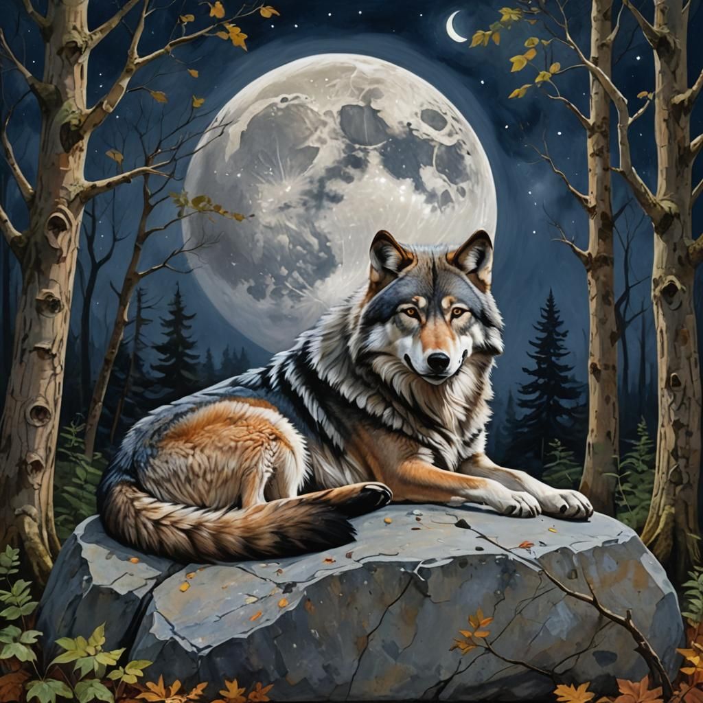 Grey Wolf Asleep in Forest Painting