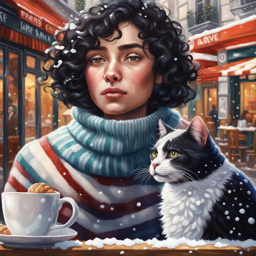 Parisian Cafe Scene with Woman and Cat in Splash Art