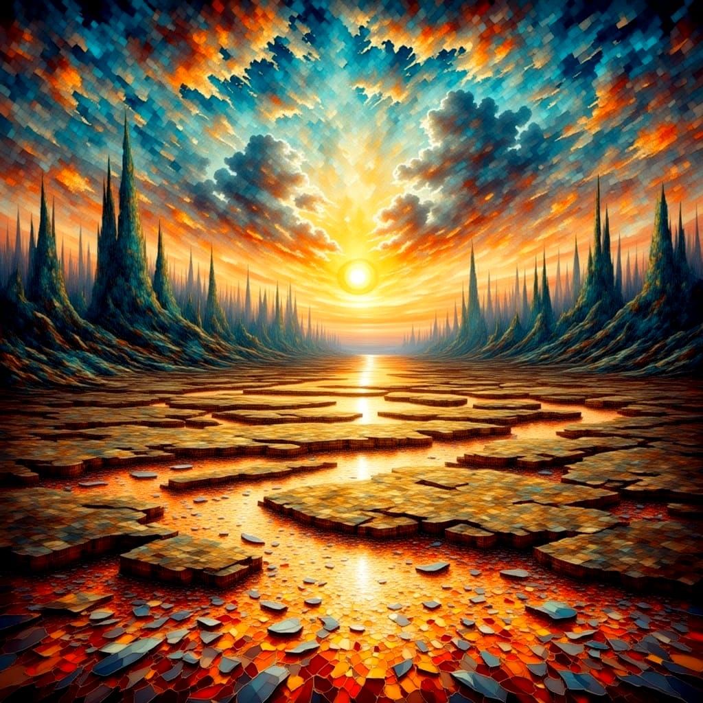 Surreal Desert Landscape with Golden Rivers and Floating Isl...