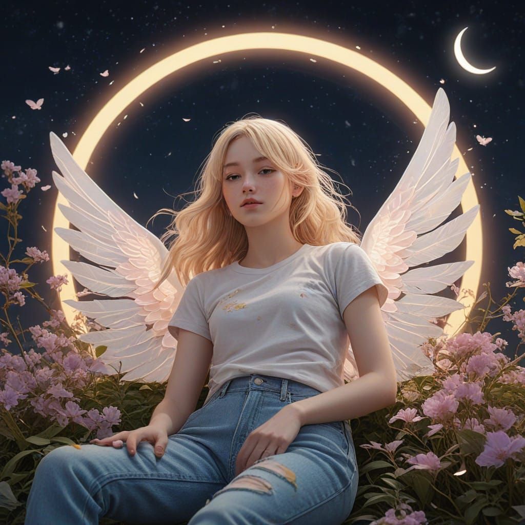Serene Girl with Wings on Crescent Moon