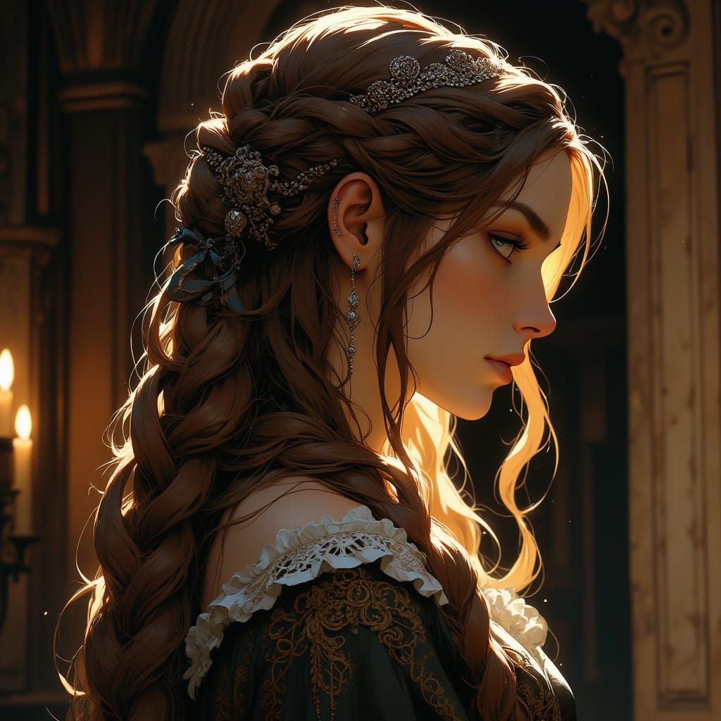Elegant Medieval Noblewoman with Braided Hair and Ribbons