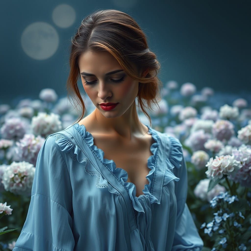 A Serene Blue-Hued Portrait of Contemplation in a Moonlit Ga...