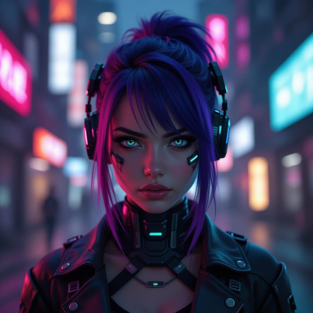 Annoyed Cyberpunk Girl in Neon City