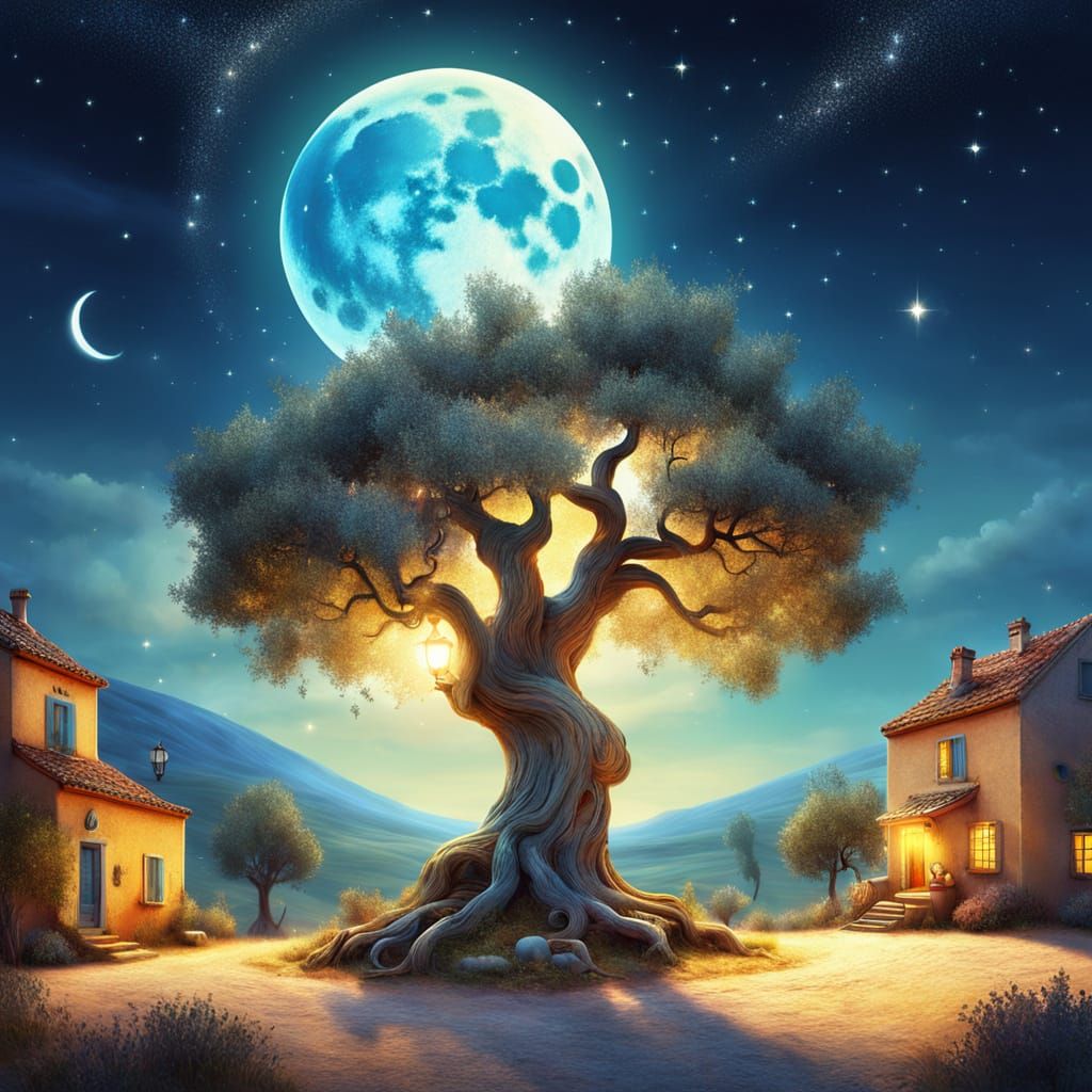 Surreal Provencal Landscape with Ancient Olive Tree and Twin...