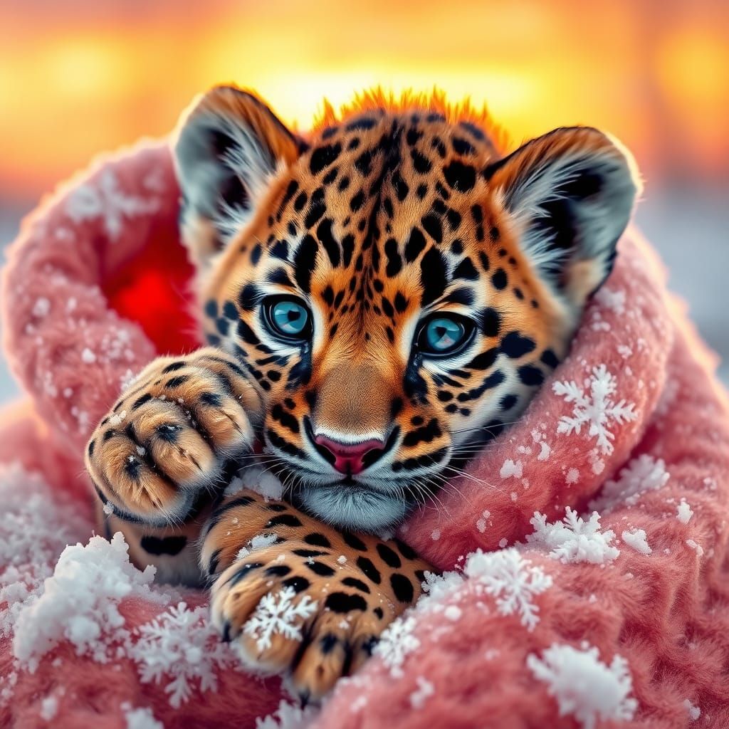 Snow Leopard Cub in Winter Blanket: Dreamy Digital Art