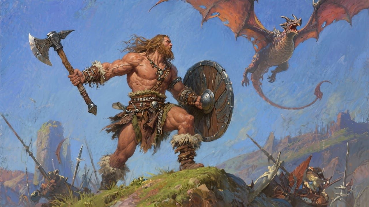 Barbarian Warrior with Dragon in Warhammer Style