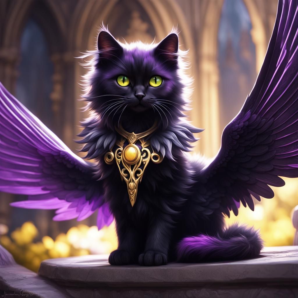 Black and White Cat with Angel Wings in Dark Fantasy